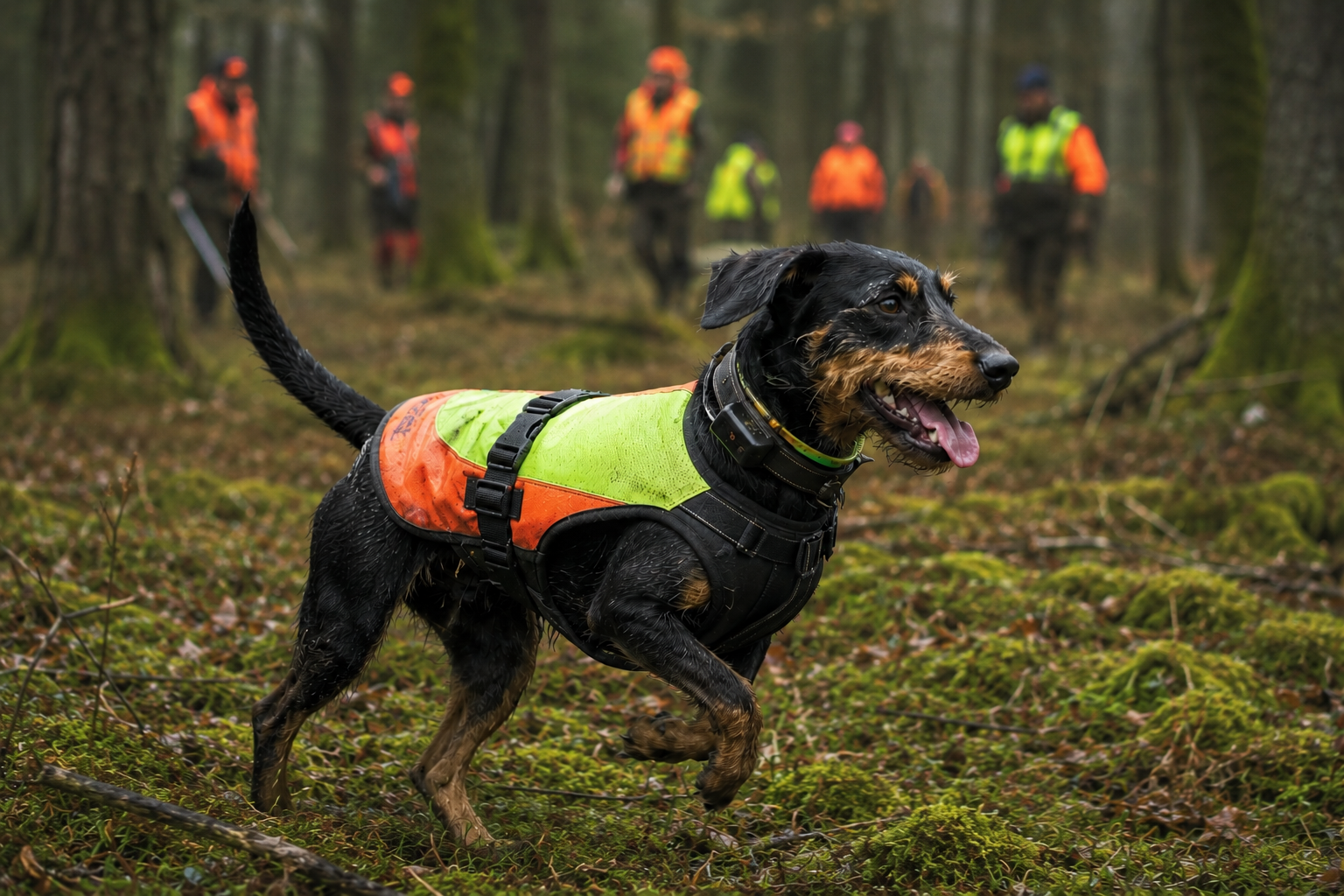 Jagdterrier im Drückjagdeinsatz im Wald — mit Schutzweste und GPS, Treiber im Hintergrund
