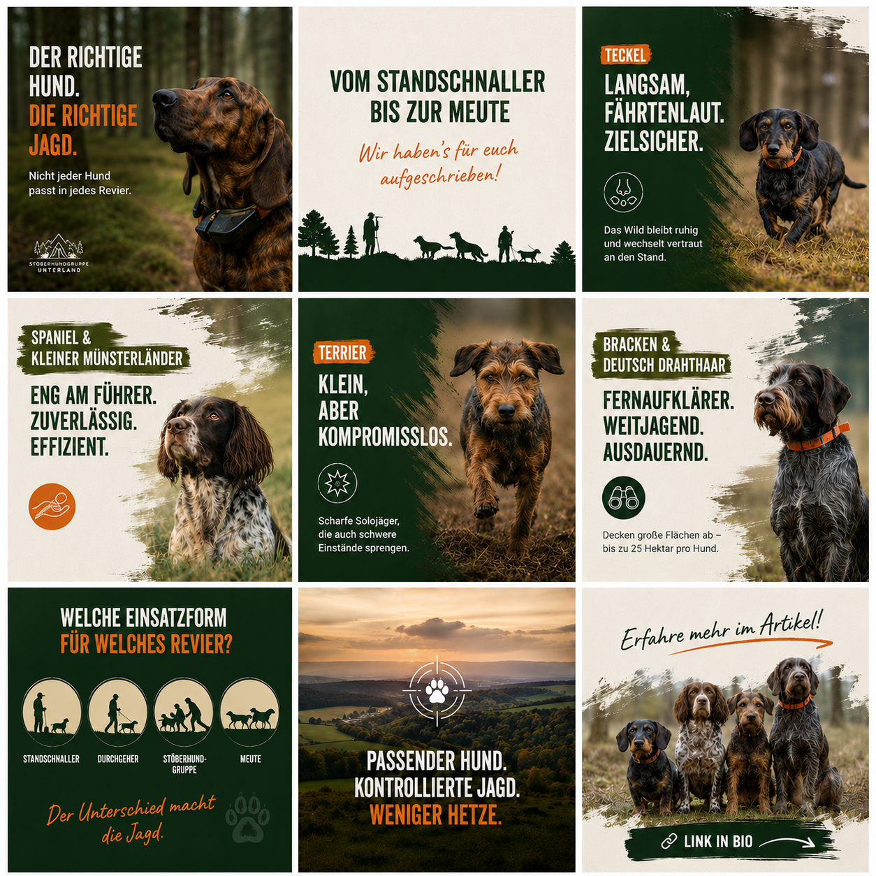 Übersicht: Teckel, Spaniel, Kleiner Münsterländer, Terrier, Bracke und Deutsch Drahthaar im Stöberhundeinsatz